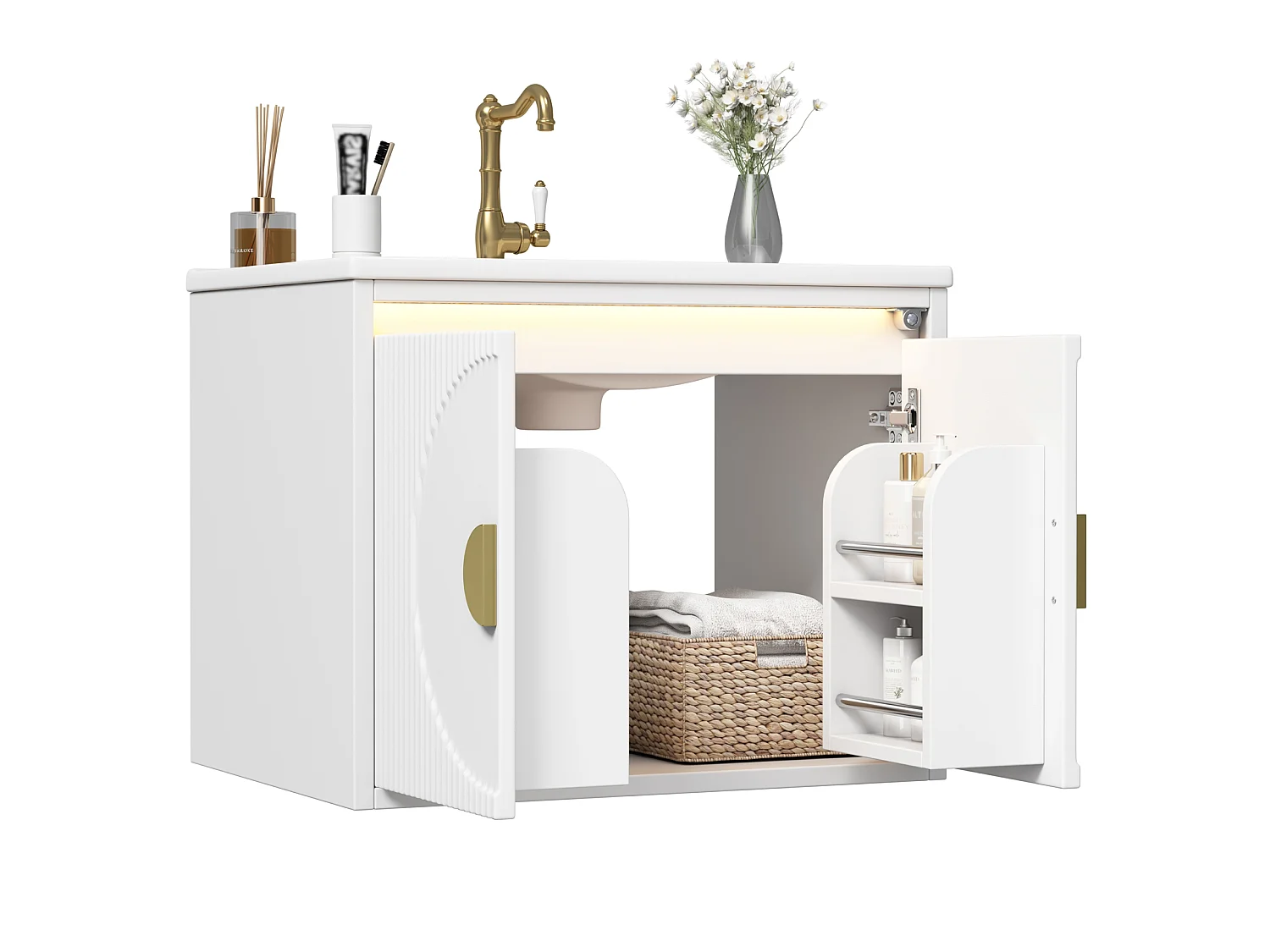 Meuble de Salle de Bain Suspendu 61cm - Meuble Sous-Vasque avec Vasque Céramique, Éclairage LED Radar, Portes Cannelées et Poignées Dorées - Blanc et Doré