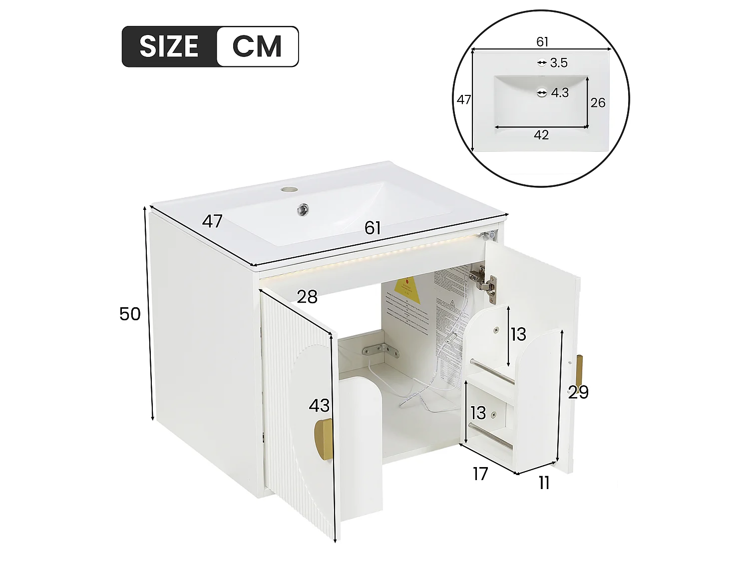 Meuble de Salle de Bain Suspendu 61cm - Meuble Sous-Vasque avec Vasque Céramique, Éclairage LED Radar, Portes Cannelées et Poignées Dorées - Blanc et Doré