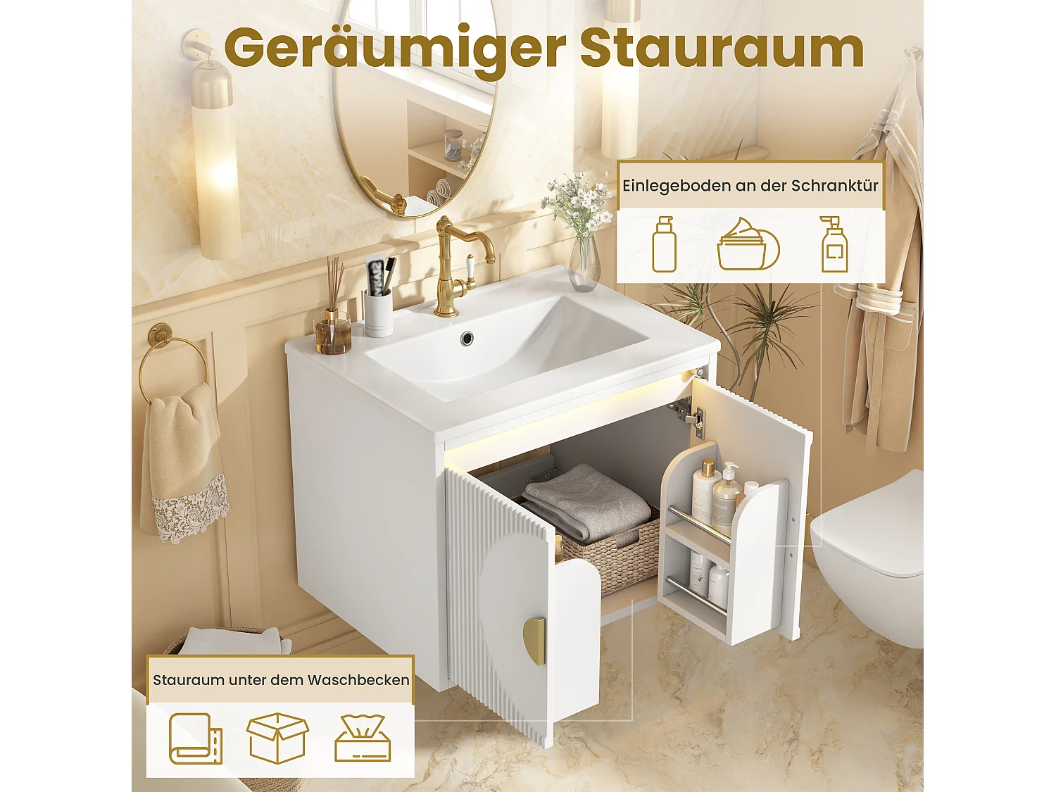 Meuble de Salle de Bain Suspendu 61cm - Meuble Sous-Vasque avec Vasque Céramique, Éclairage LED Radar, Portes Cannelées et Poignées Dorées - Blanc et Doré