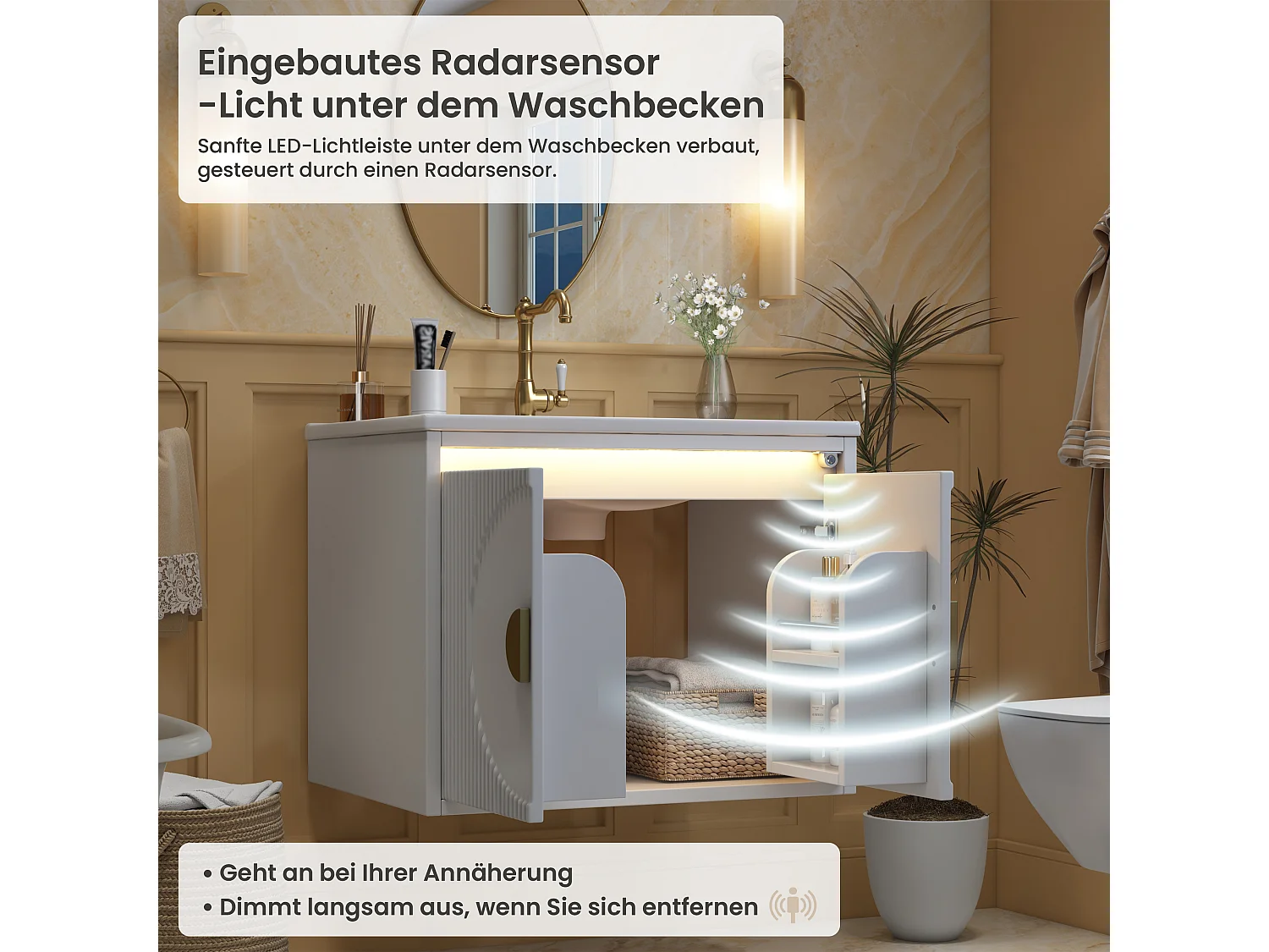 Meuble de Salle de Bain Suspendu 61cm - Meuble Sous-Vasque avec Vasque Céramique, Éclairage LED Radar, Portes Cannelées et Poignées Dorées - Blanc et Doré