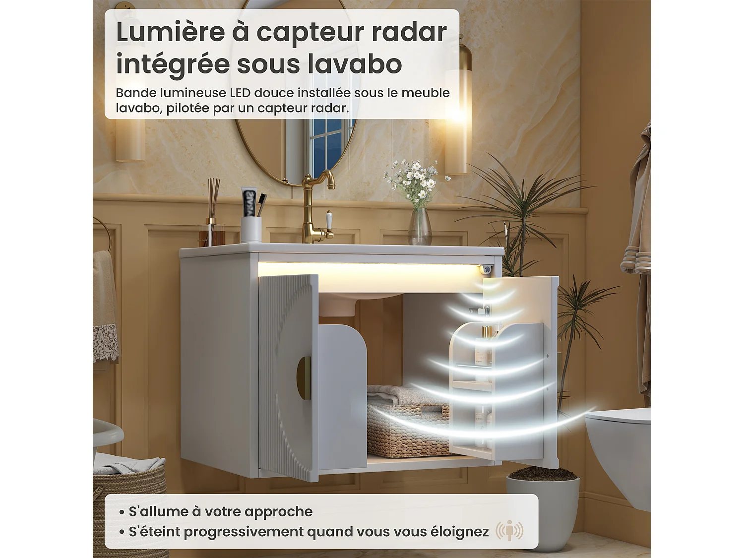 Meuble de Salle de Bain Suspendu 61cm - Meuble Sous-Vasque avec Vasque Céramique, Éclairage LED Radar, Portes Cannelées et Poignées Dorées - Blanc et Doré