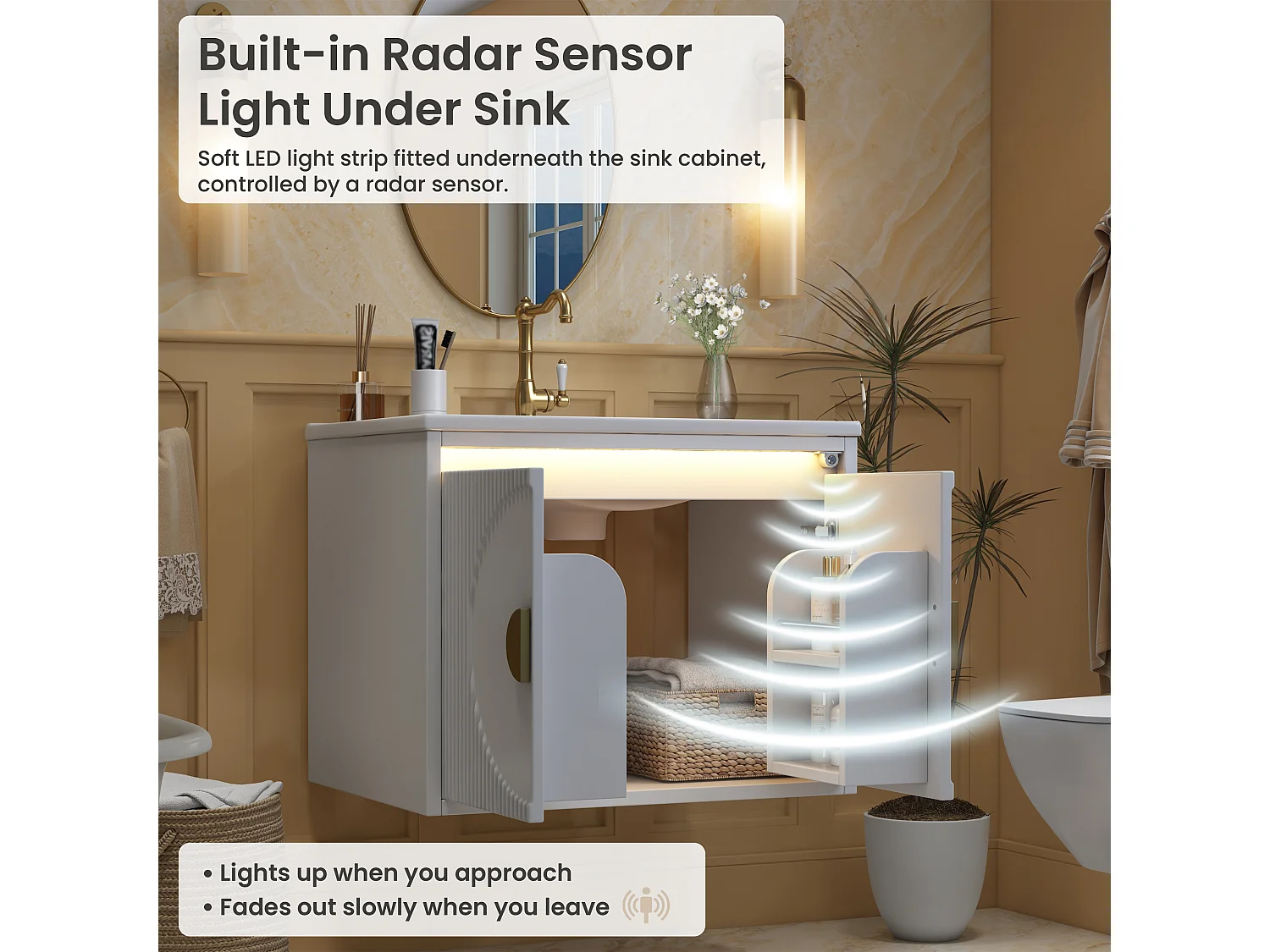Meuble de Salle de Bain Suspendu 61cm - Meuble Sous-Vasque avec Vasque Céramique, Éclairage LED Radar, Portes Cannelées et Poignées Dorées - Blanc et Doré
