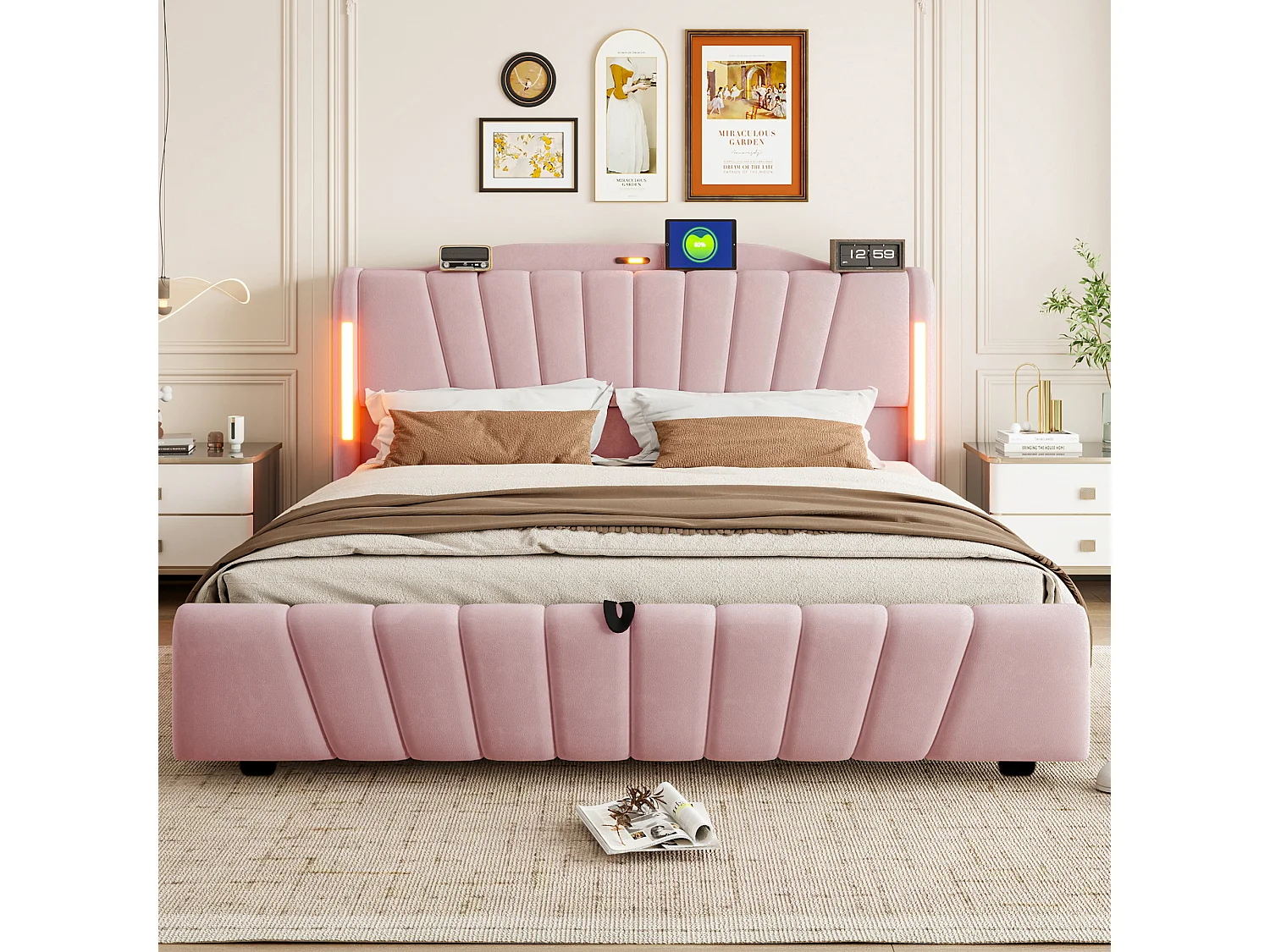 Lit coffre rembourré 180x200 cm – avec tête de lit LED – avec ports de charge USB et Type-C – Rose (matelas non inclus)