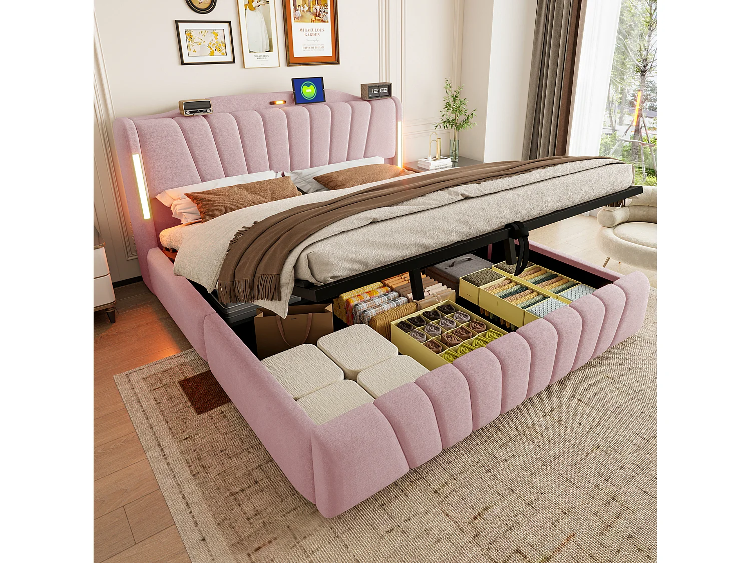 Lit coffre rembourré 180x200 cm – avec tête de lit LED – avec ports de charge USB et Type-C – Rose (matelas non inclus)