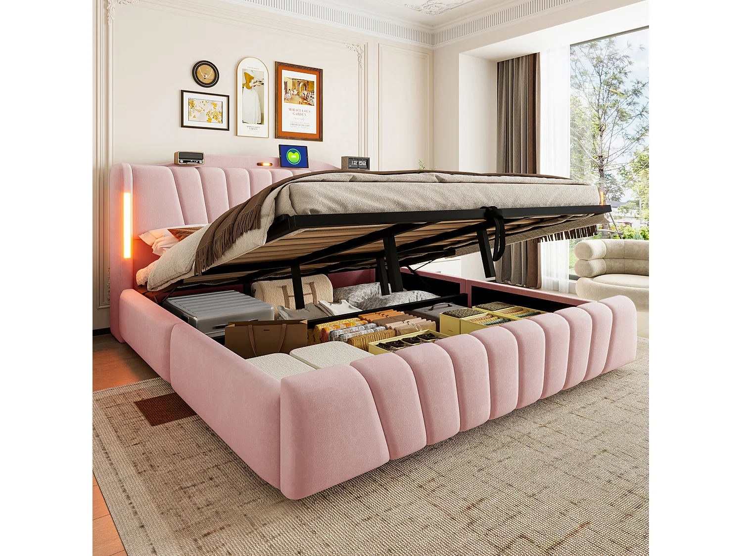 Lit coffre rembourré 180x200 cm – avec tête de lit LED – avec ports de charge USB et Type-C – Rose (matelas non inclus)