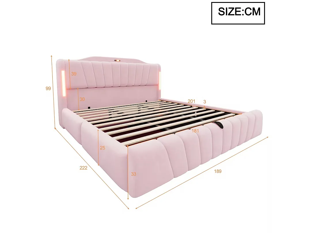 Lit coffre rembourré 180x200 cm – avec tête de lit LED – avec ports de charge USB et Type-C – Rose (matelas non inclus)