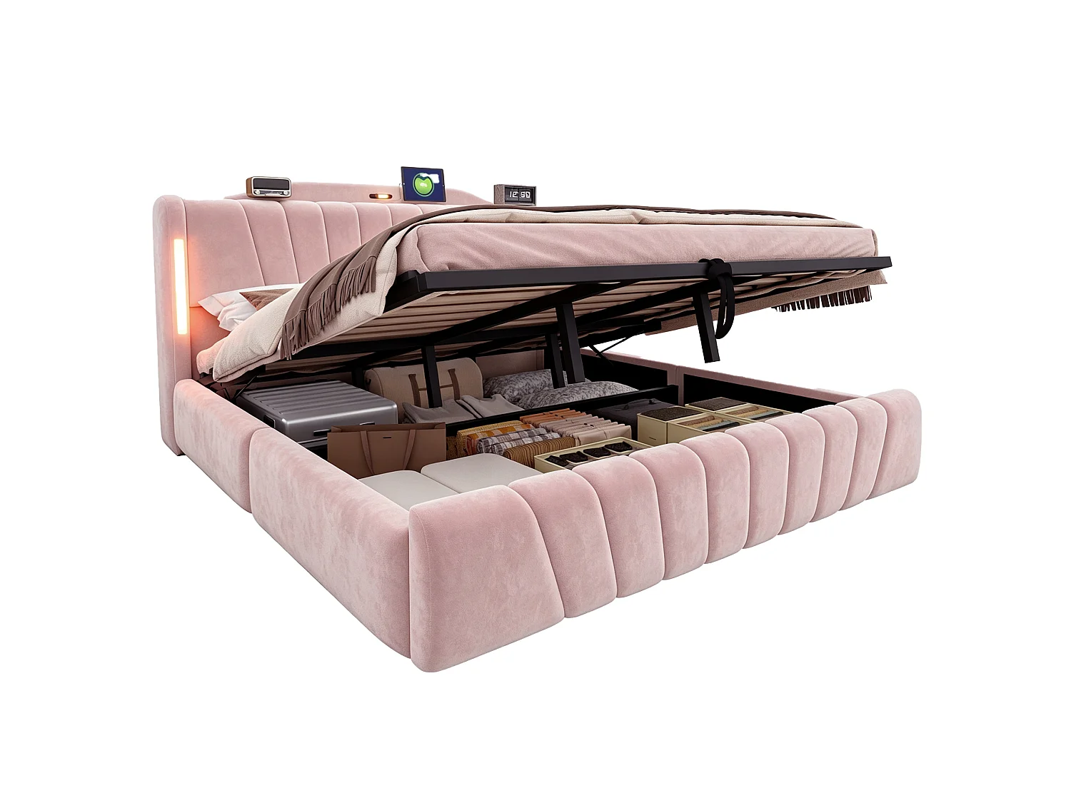 Lit coffre rembourré 180x200 cm – avec tête de lit LED – avec ports de charge USB et Type-C – Rose (matelas non inclus)