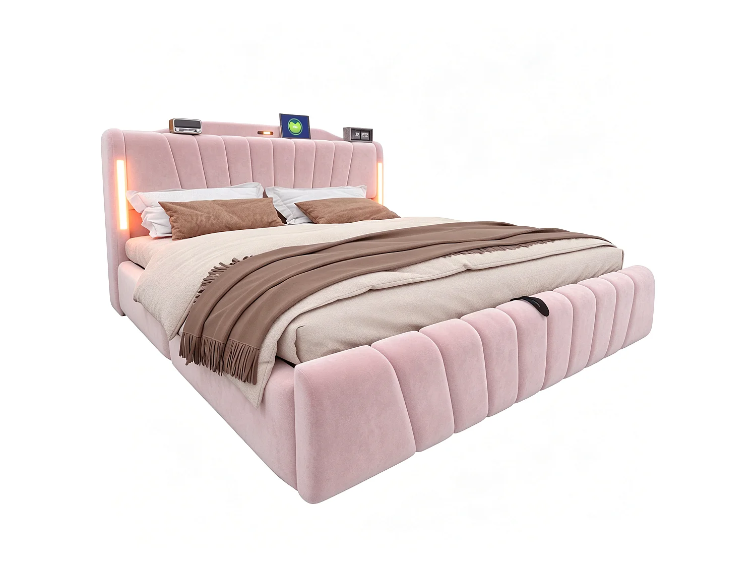 Lit coffre rembourré 180x200 cm – avec tête de lit LED – avec ports de charge USB et Type-C – Rose (matelas non inclus)