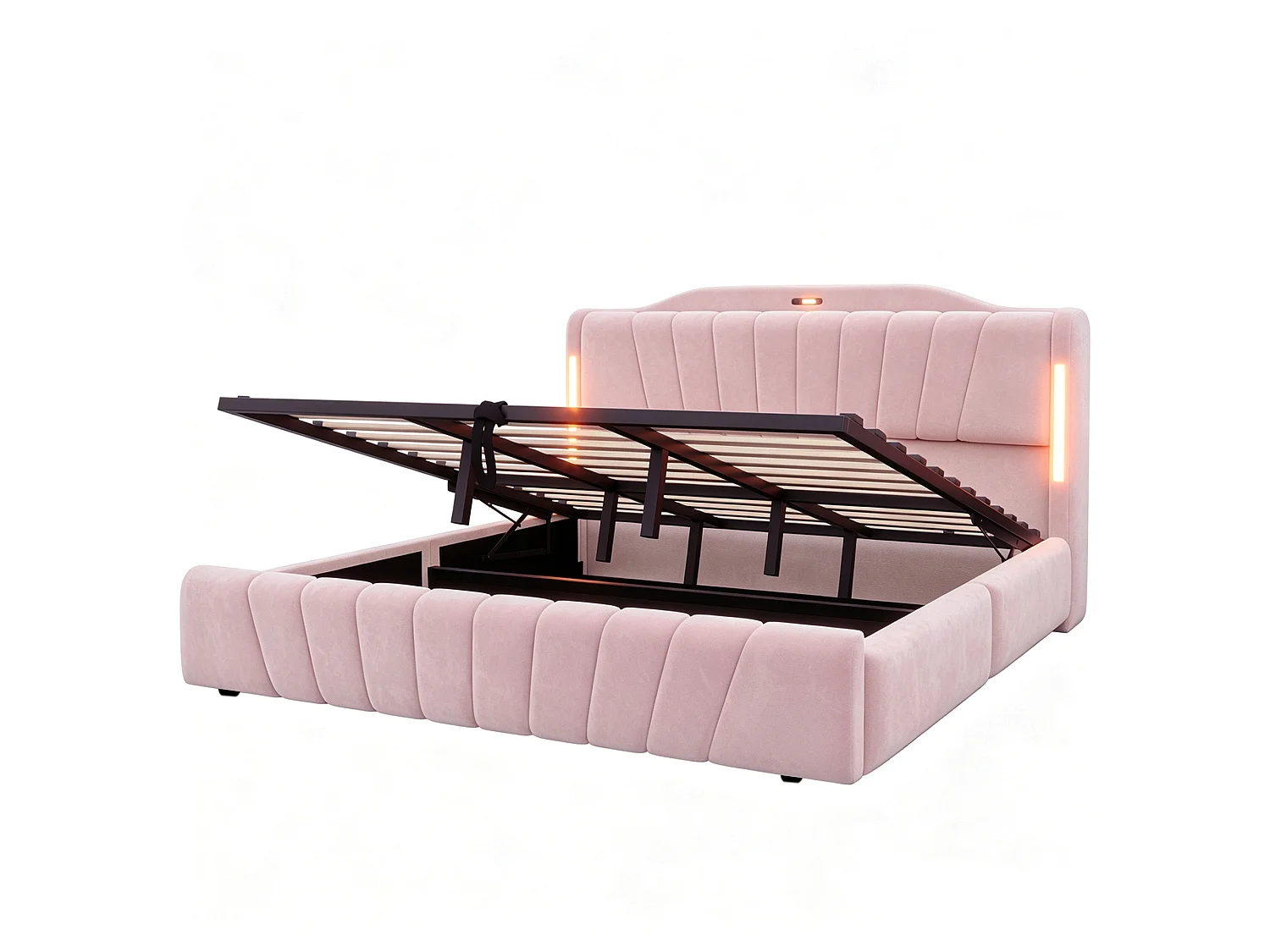 Lit coffre rembourré 180x200 cm – avec tête de lit LED – avec ports de charge USB et Type-C – Rose (matelas non inclus)