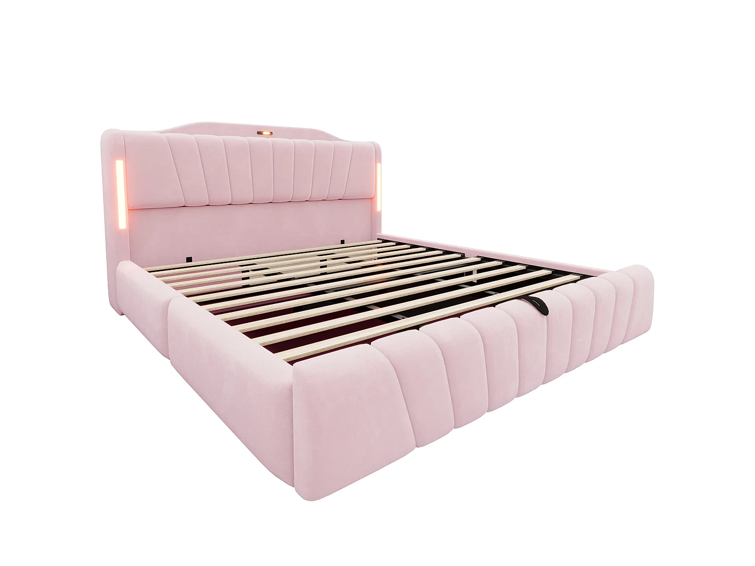 Lit coffre rembourré 180x200 cm – avec tête de lit LED – avec ports de charge USB et Type-C – Rose (matelas non inclus)