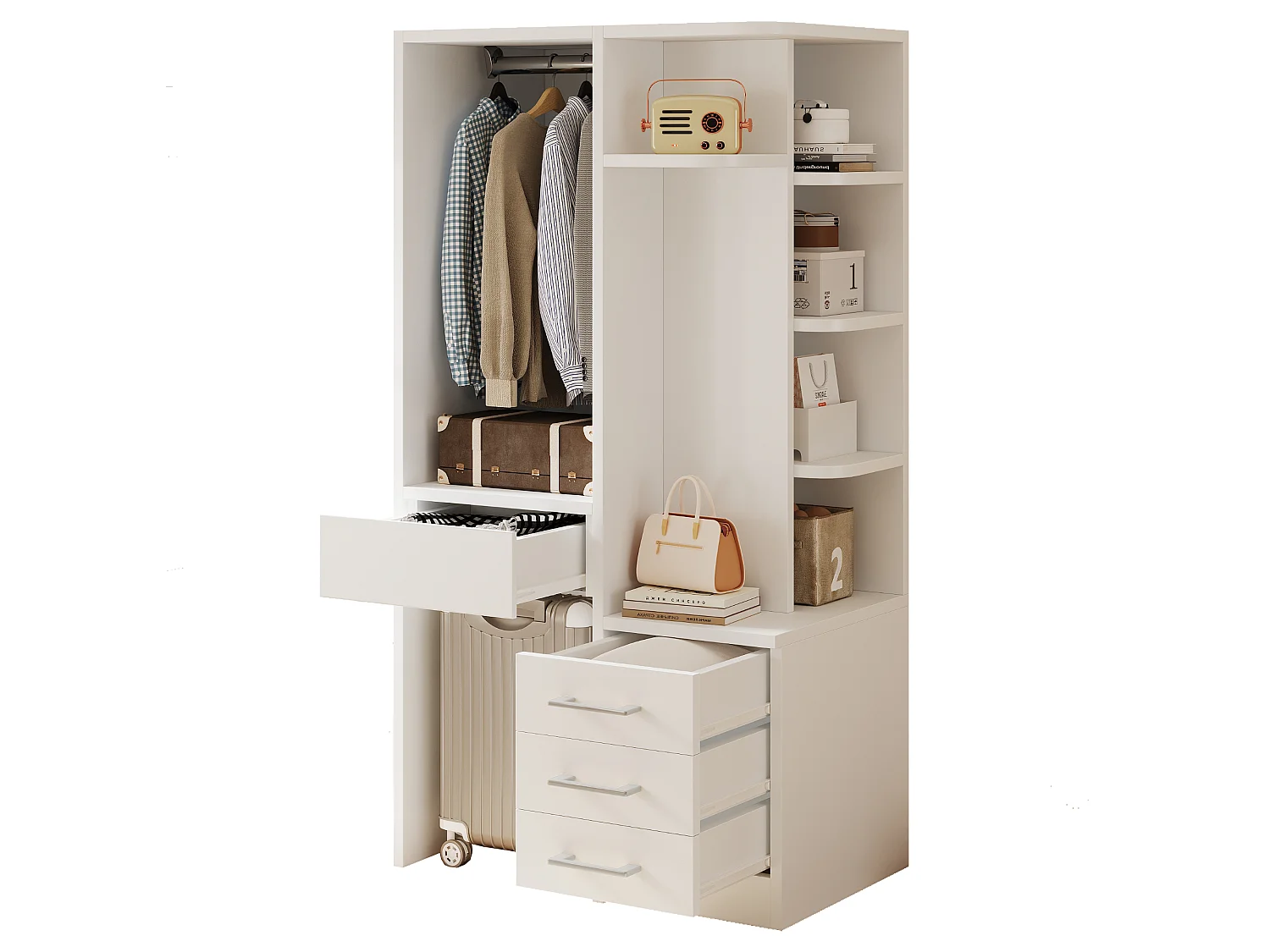 Armário 70 × 45 × 135 cm – com prateleiras em vários níveis – com espaço para pendurar – com 3 gavetas – branco