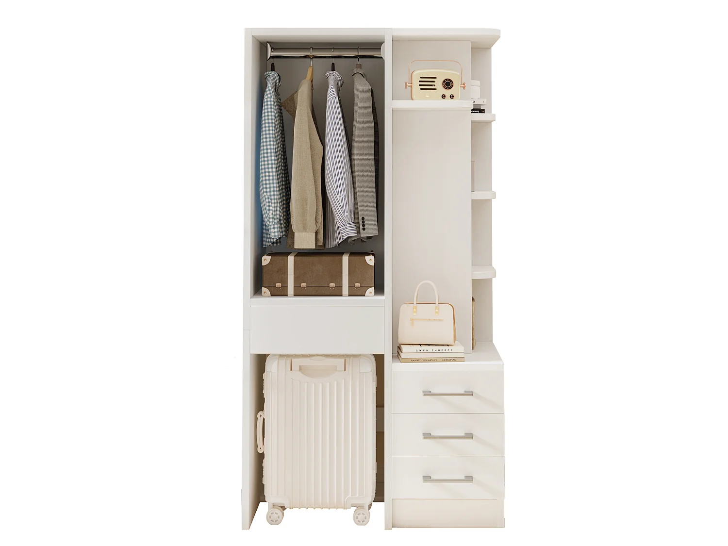 Armário 70 × 45 × 135 cm – com prateleiras em vários níveis – com espaço para pendurar – com 3 gavetas – branco