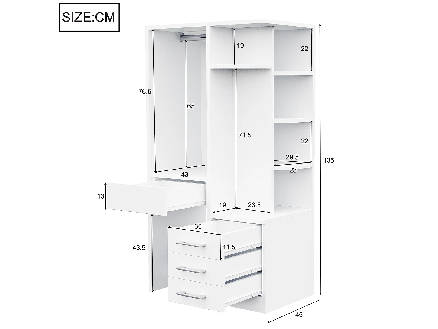 Armário 70 × 45 × 135 cm – com prateleiras em vários níveis – com espaço para pendurar – com 3 gavetas – branco