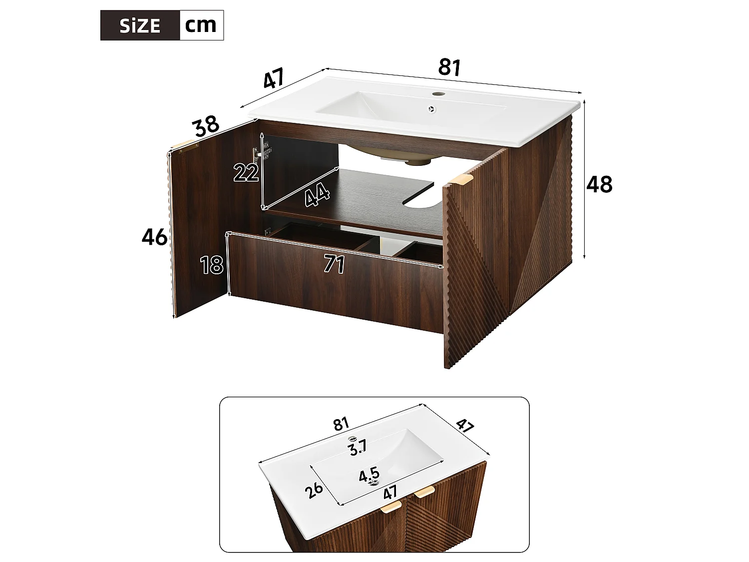 Badvrumsmöbel vägghängd 81cm - Underskåp med keramiskt tvättställ, låda, dörrar med diagonal relief och gyllene handtag - Valnöt