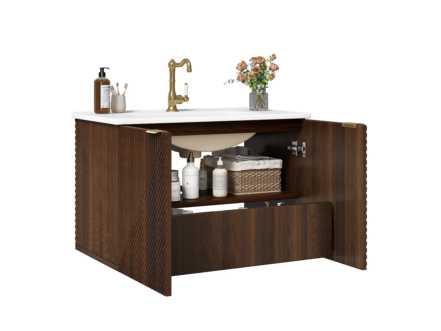 Badvrumsmöbel vägghängd 81cm - Underskåp med keramiskt tvättställ, låda, dörrar med diagonal relief och gyllene handtag - Valnöt