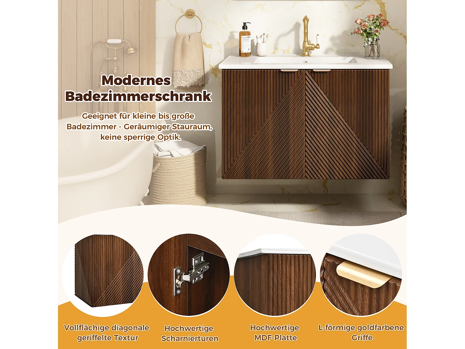 Badvrumsmöbel vägghängd 81cm - Underskåp med keramiskt tvättställ, låda, dörrar med diagonal relief och gyllene handtag - Valnöt