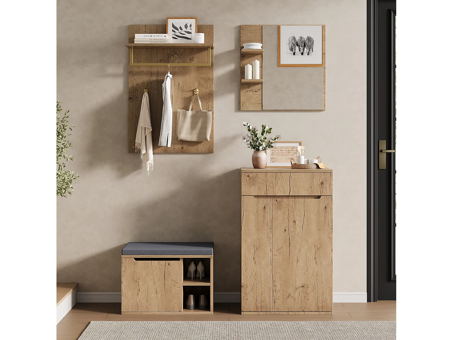 Ensemble vestiaire d'entrée 120x35x185cm - avec 2 portes et 1 tiroir - avec miroir et meuble à chaussures -  banc à chaussures et crochet - Naturel
