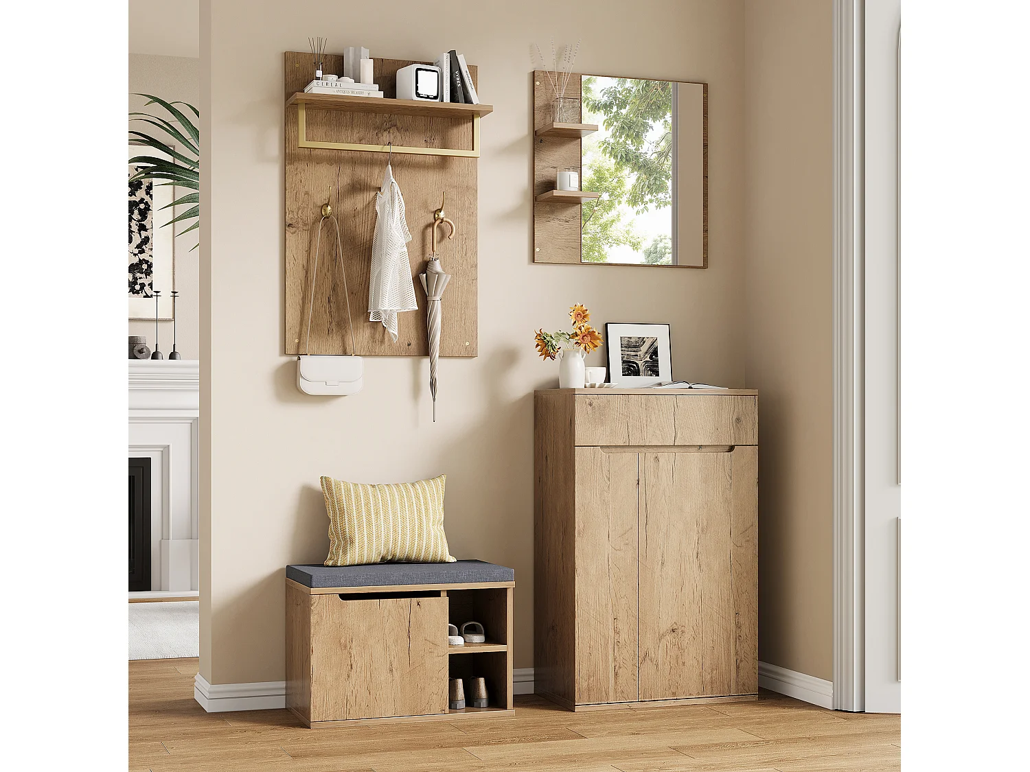 Ensemble vestiaire d'entrée 120x35x185cm - avec 2 portes et 1 tiroir - avec miroir et meuble à chaussures -  banc à chaussures et crochet - Naturel