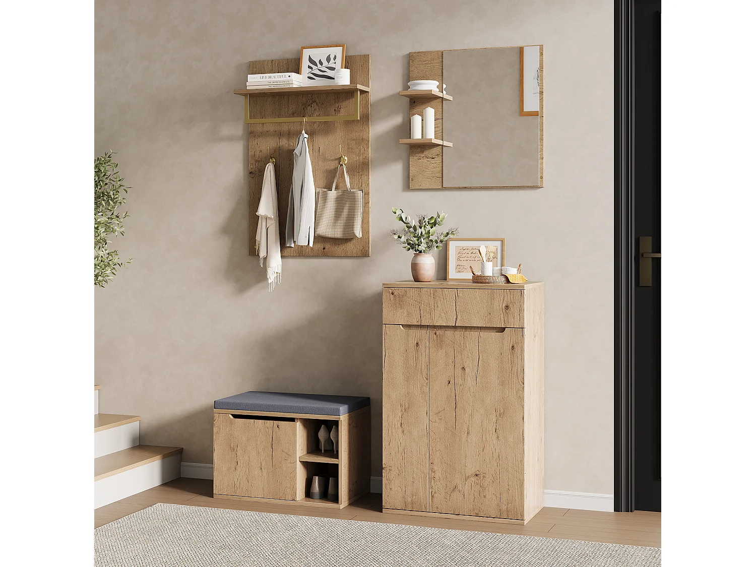 Ensemble vestiaire d'entrée 120x35x185cm - avec 2 portes et 1 tiroir - avec miroir et meuble à chaussures -  banc à chaussures et crochet - Naturel