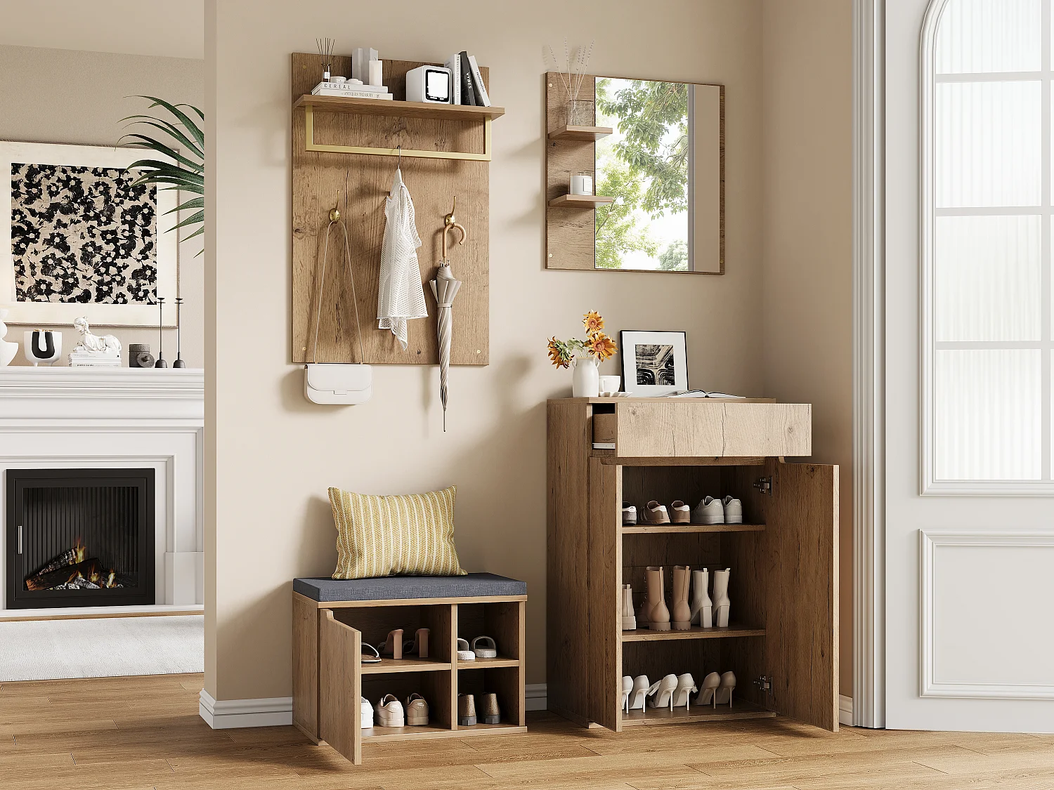 Ensemble vestiaire d'entrée 120x35x185cm - avec 2 portes et 1 tiroir - avec miroir et meuble à chaussures -  banc à chaussures et crochet - Naturel