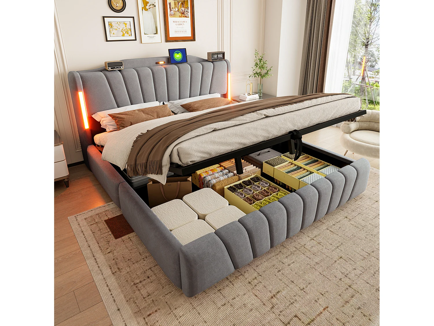Lit coffre rembourré 180x200 cm – avec tête de lit LED – avec ports de charge USB et Type-C – Gris (matelas non inclus)