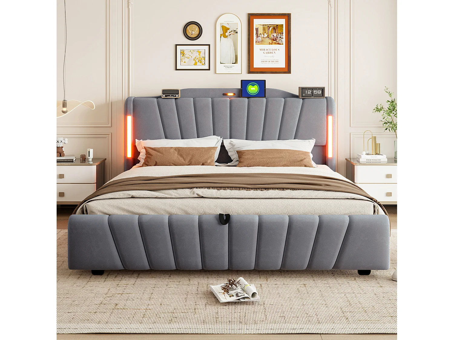 Lit coffre rembourré 180x200 cm – avec tête de lit LED – avec ports de charge USB et Type-C – Gris (matelas non inclus)