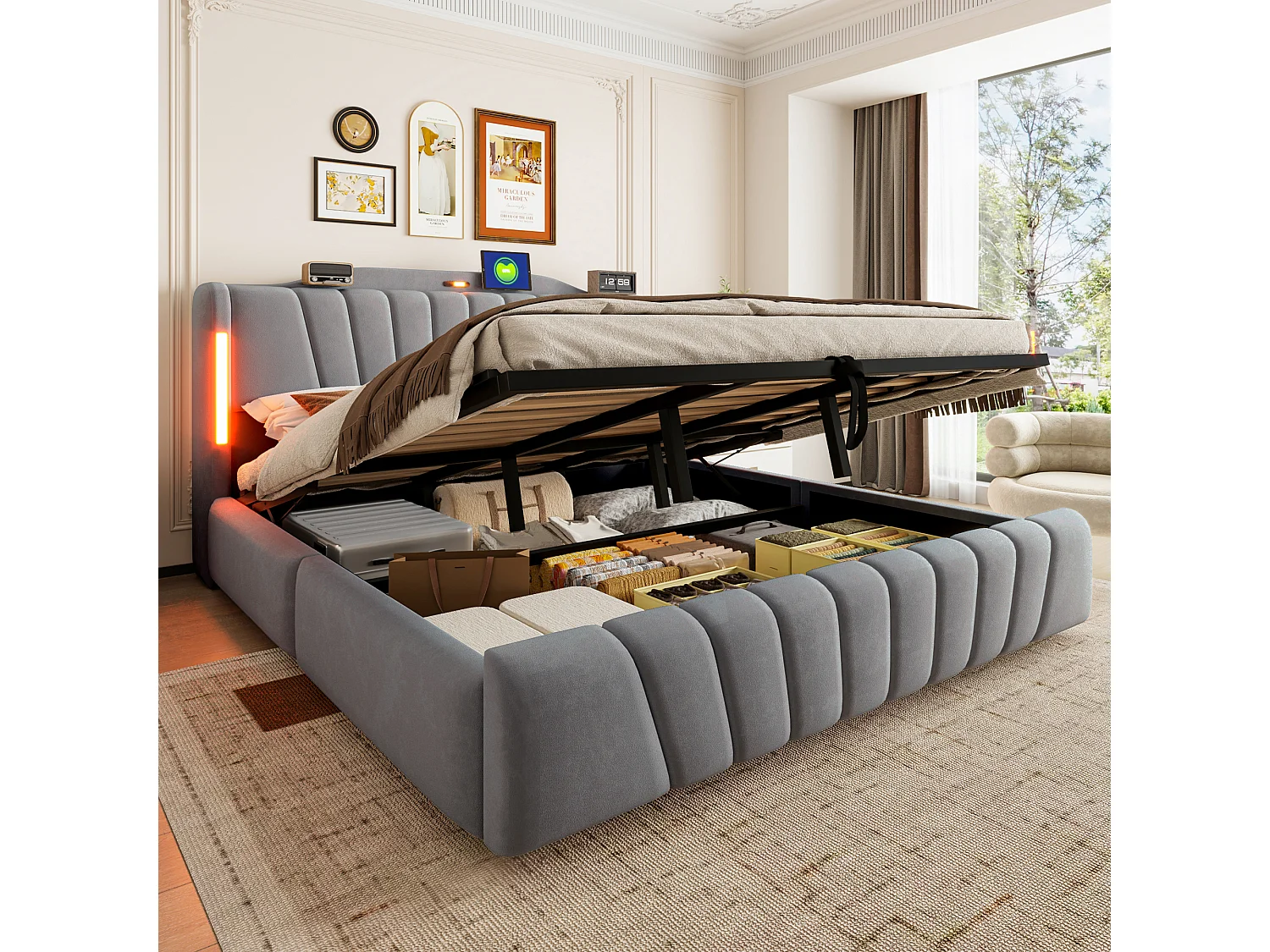 Lit coffre rembourré 180x200 cm – avec tête de lit LED – avec ports de charge USB et Type-C – Gris (matelas non inclus)