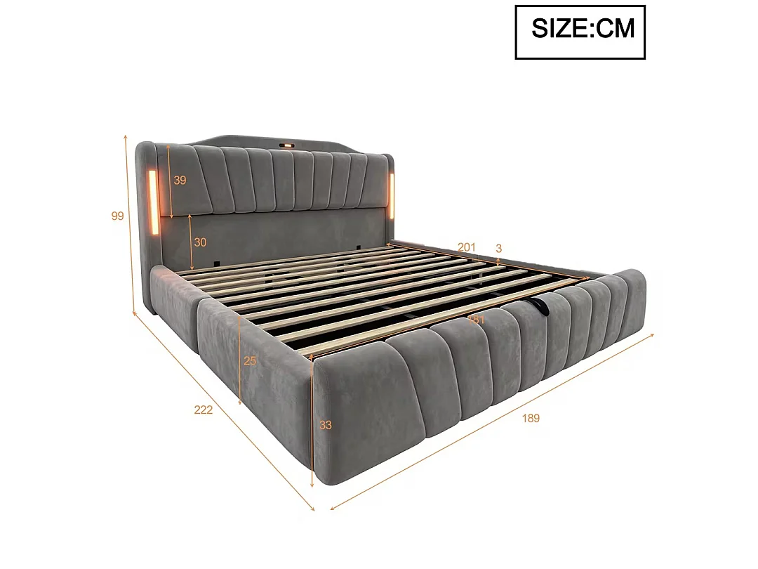 Lit coffre rembourré 180x200 cm – avec tête de lit LED – avec ports de charge USB et Type-C – Gris (matelas non inclus)