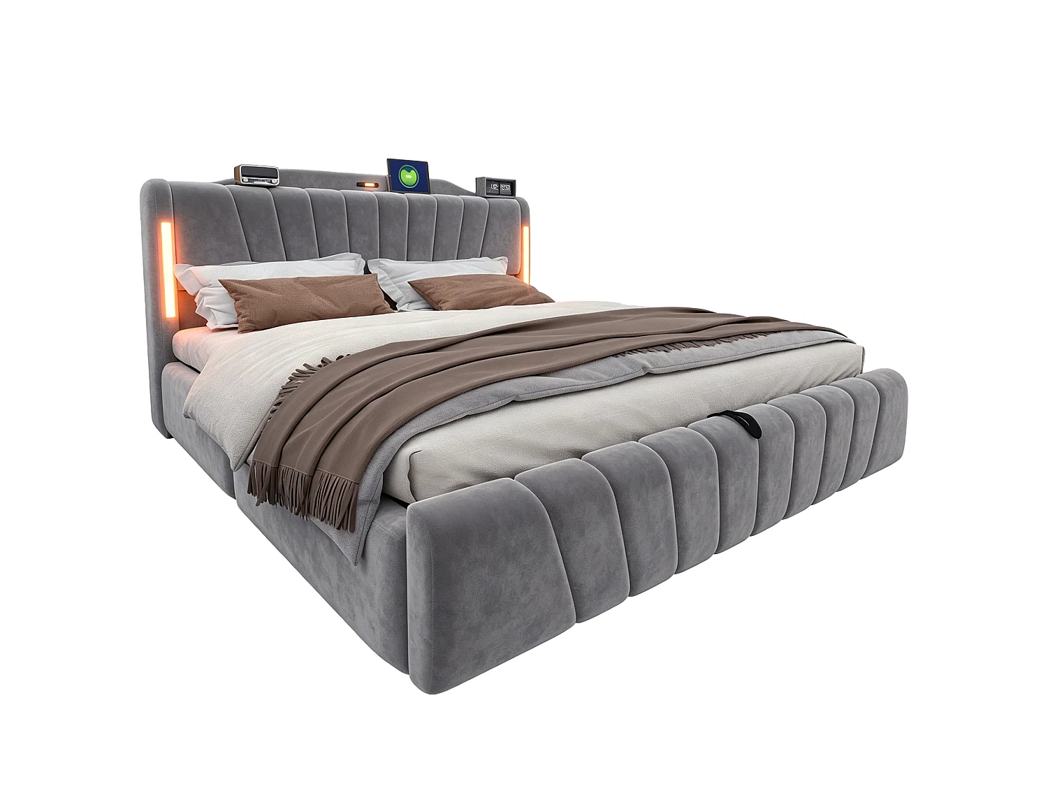 Lit coffre rembourré 180x200 cm – avec tête de lit LED – avec ports de charge USB et Type-C – Gris (matelas non inclus)