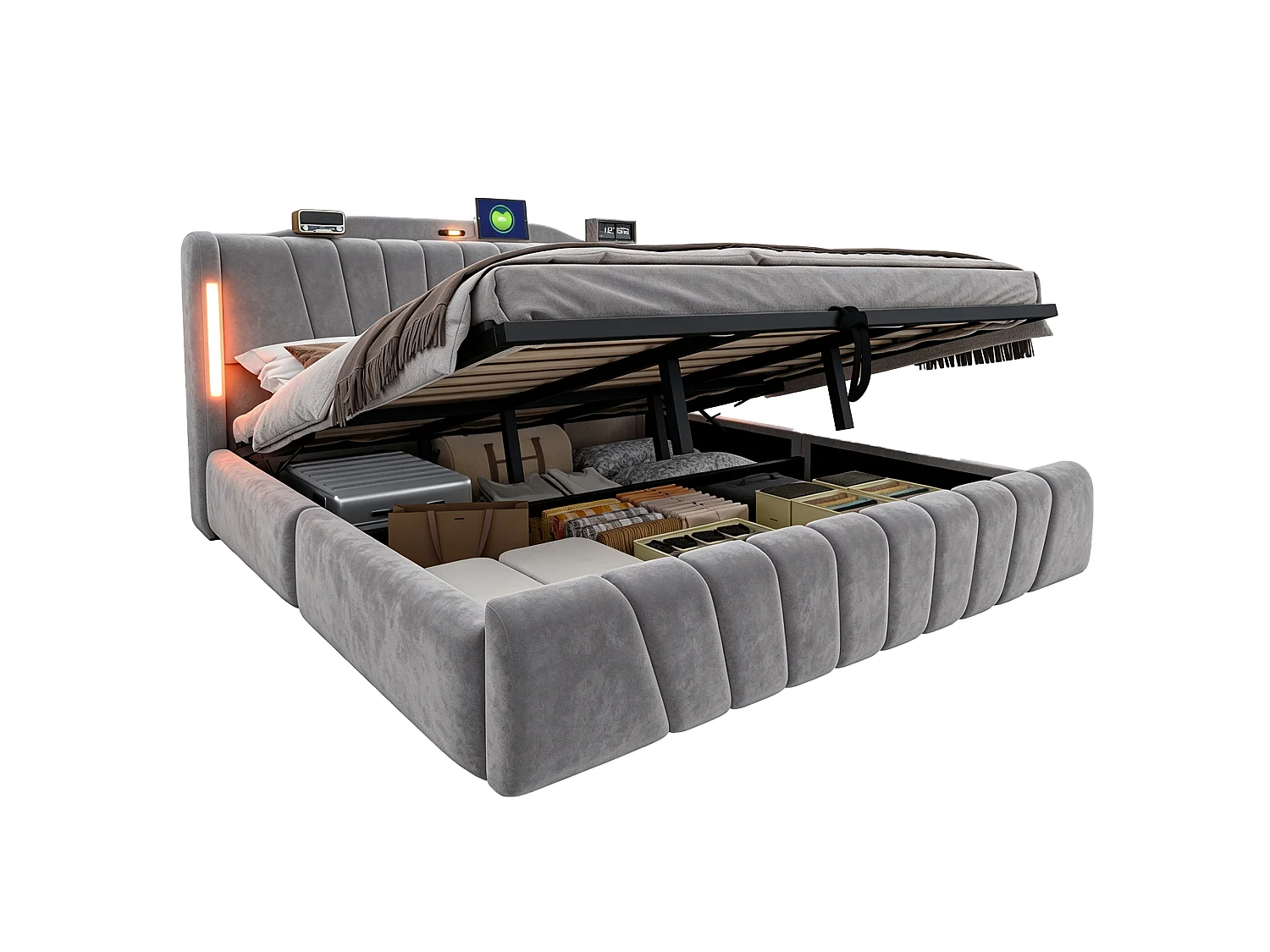 Lit coffre rembourré 180x200 cm – avec tête de lit LED – avec ports de charge USB et Type-C – Gris (matelas non inclus)