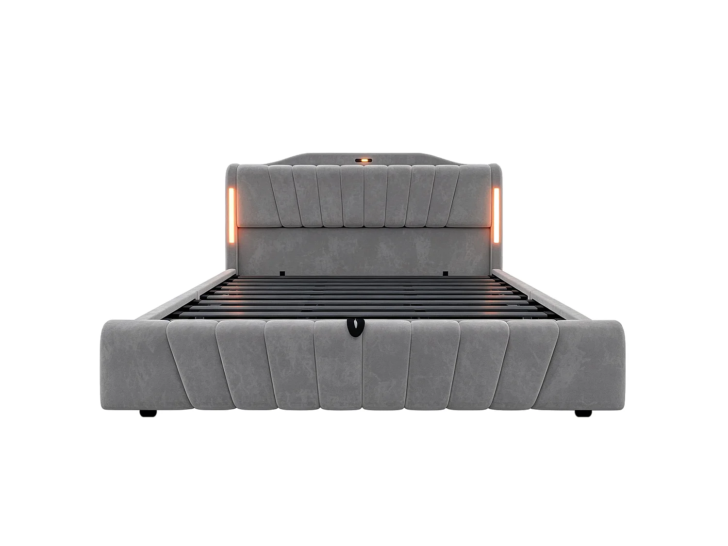 Lit coffre rembourré 180x200 cm – avec tête de lit LED – avec ports de charge USB et Type-C – Gris (matelas non inclus)