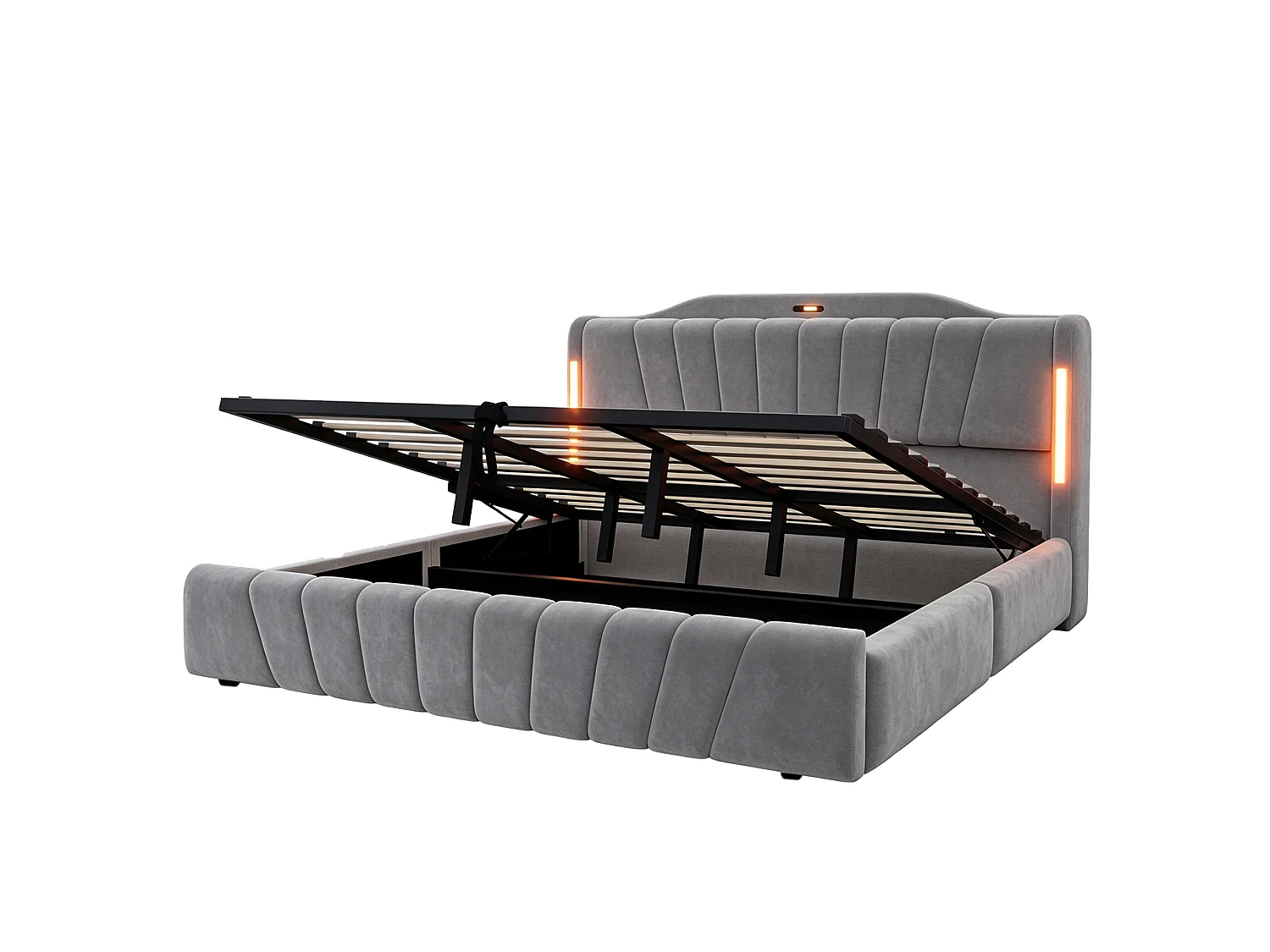 Lit coffre rembourré 180x200 cm – avec tête de lit LED – avec ports de charge USB et Type-C – Gris (matelas non inclus)