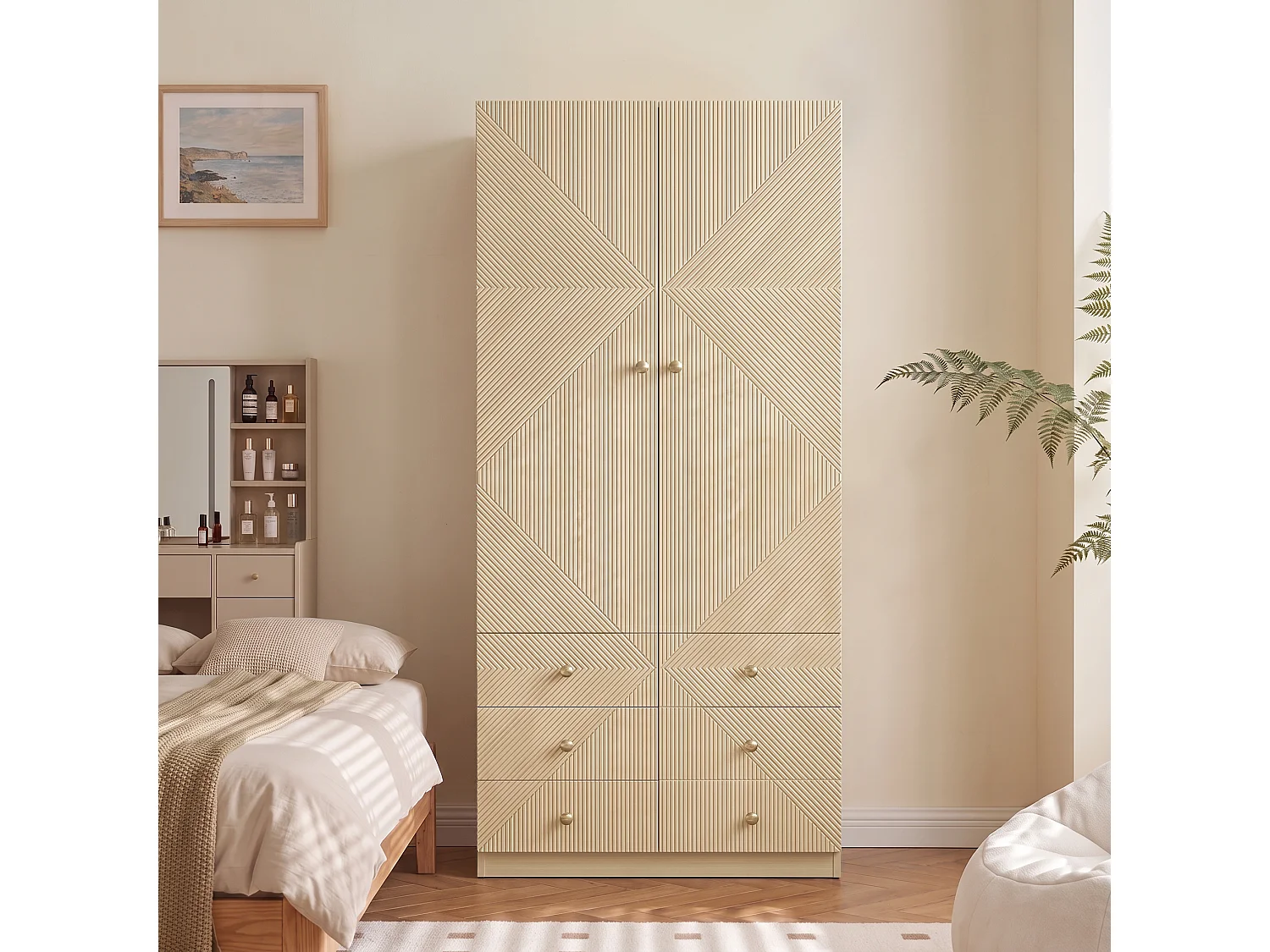 Garderob 90x200cm i ek med 6 lådor - Modernt förvaringsmöbel med 2 dörrar, gyllene handtag & 1 klädstång, Skandinavisk stil - Eiche