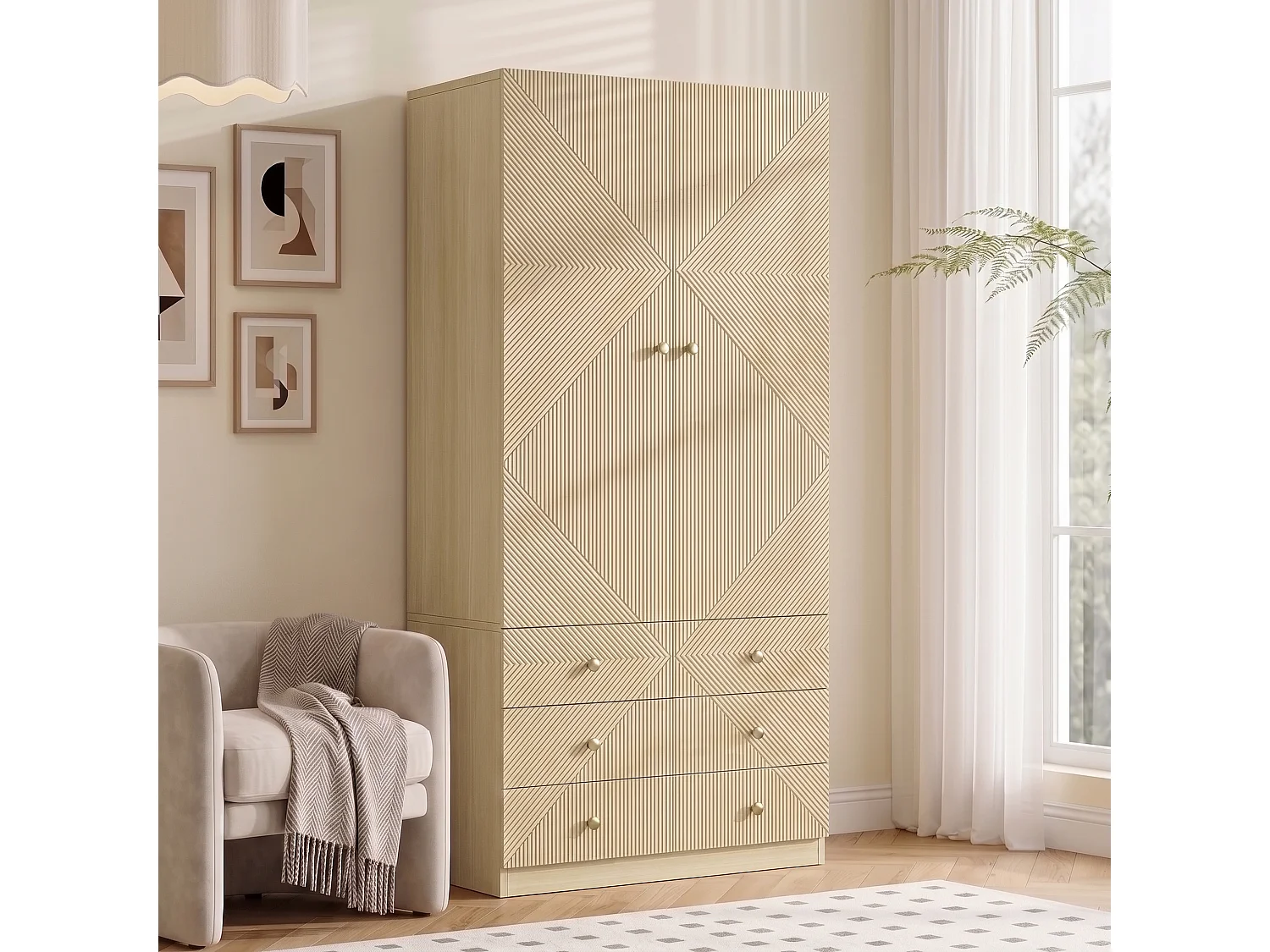 Garderob 90x200cm i ek med 6 lådor - Modernt förvaringsmöbel med 2 dörrar, gyllene handtag & 1 klädstång, Skandinavisk stil - Eiche