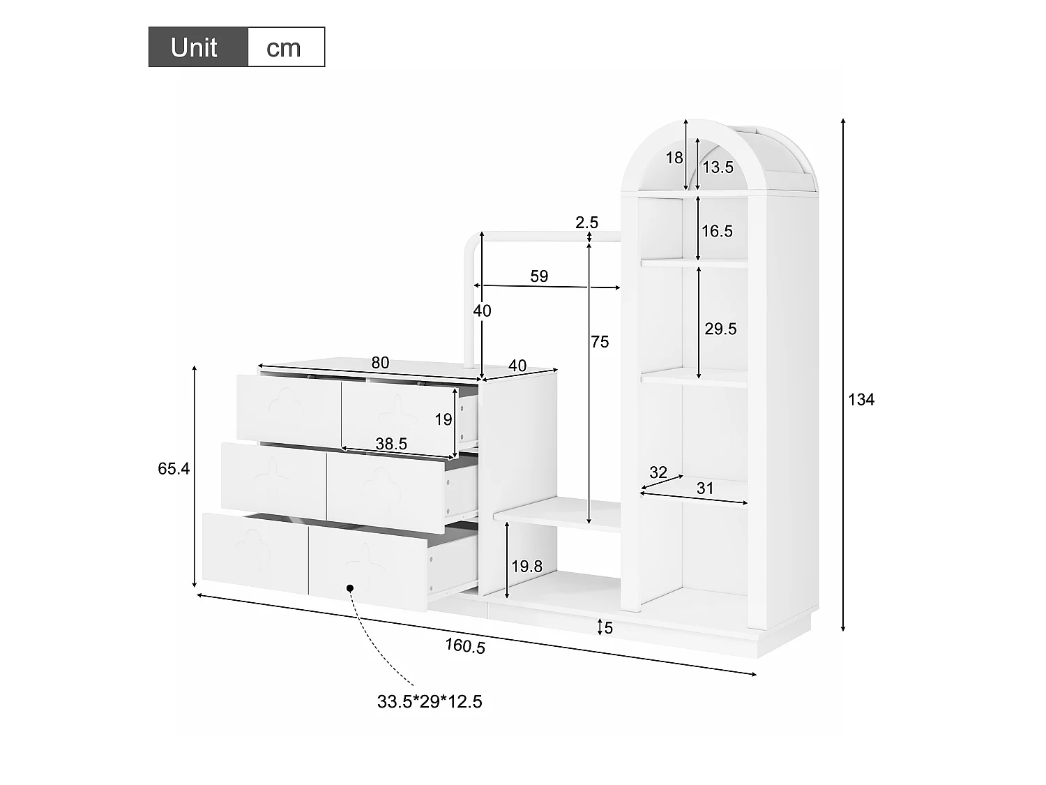 Inbouwkast voor de hal 160.5x40x134cm - met 6 lades - kleedruimte en open opbergvakken - Wit