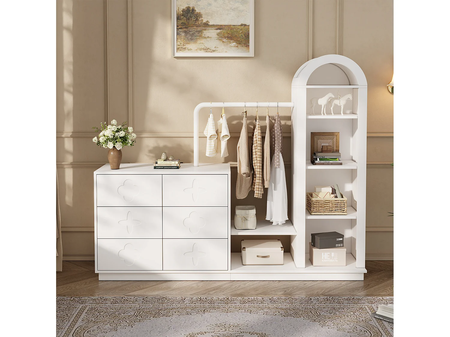 Inbouwkast voor de hal 160.5x40x134cm - met 6 lades - kleedruimte en open opbergvakken - Wit