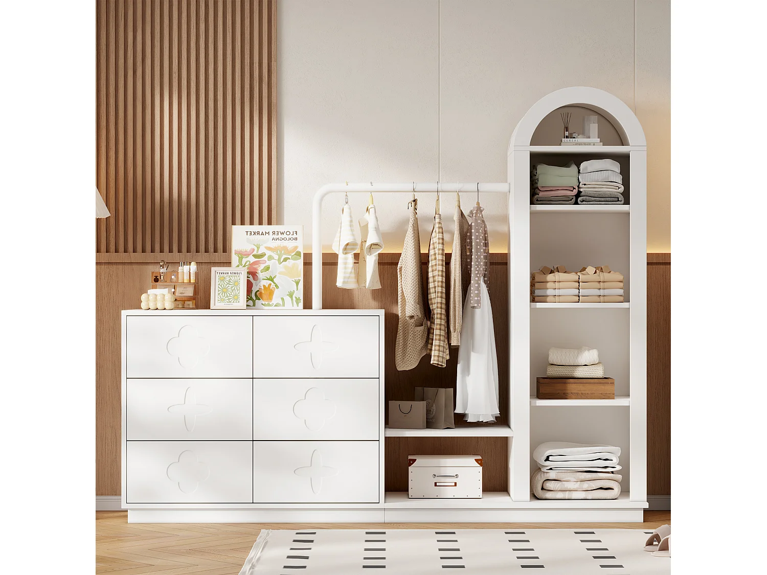 Inbouwkast voor de hal 160.5x40x134cm - met 6 lades - kleedruimte en open opbergvakken - Wit