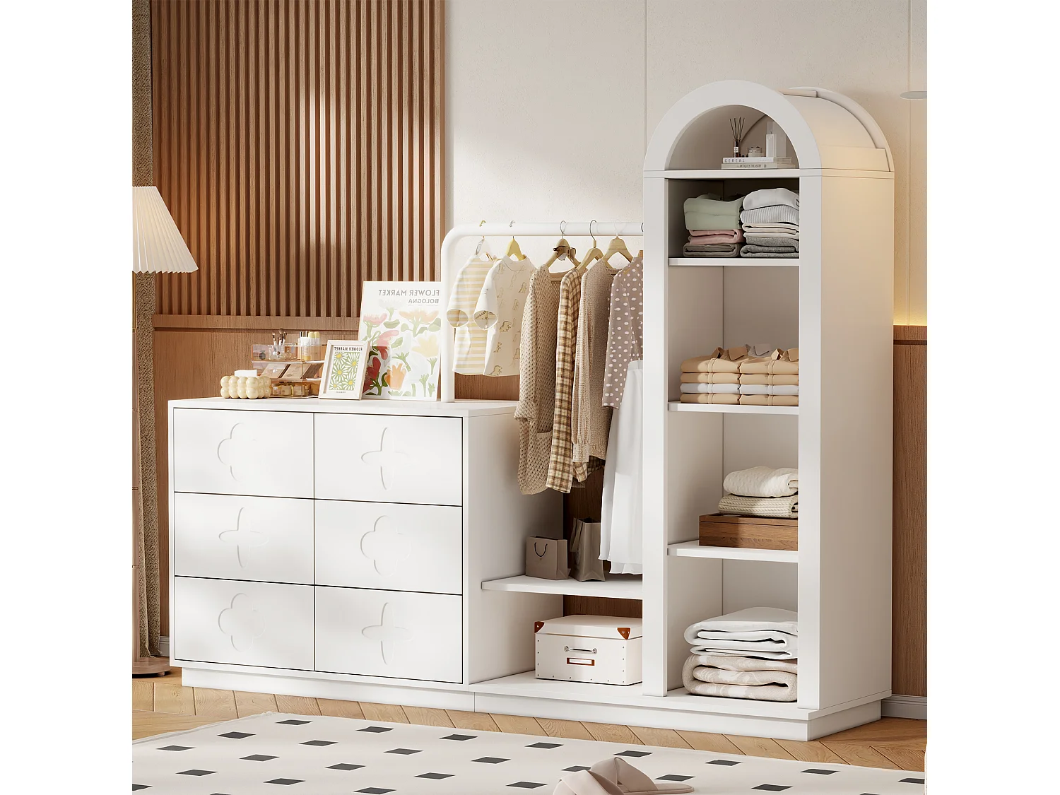 Inbouwkast voor de hal 160.5x40x134cm - met 6 lades - kleedruimte en open opbergvakken - Wit