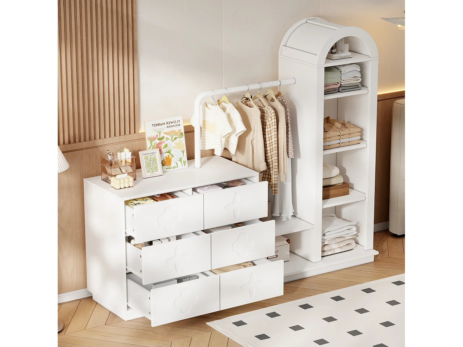 Inbouwkast voor de hal 160.5x40x134cm - met 6 lades - kleedruimte en open opbergvakken - Wit