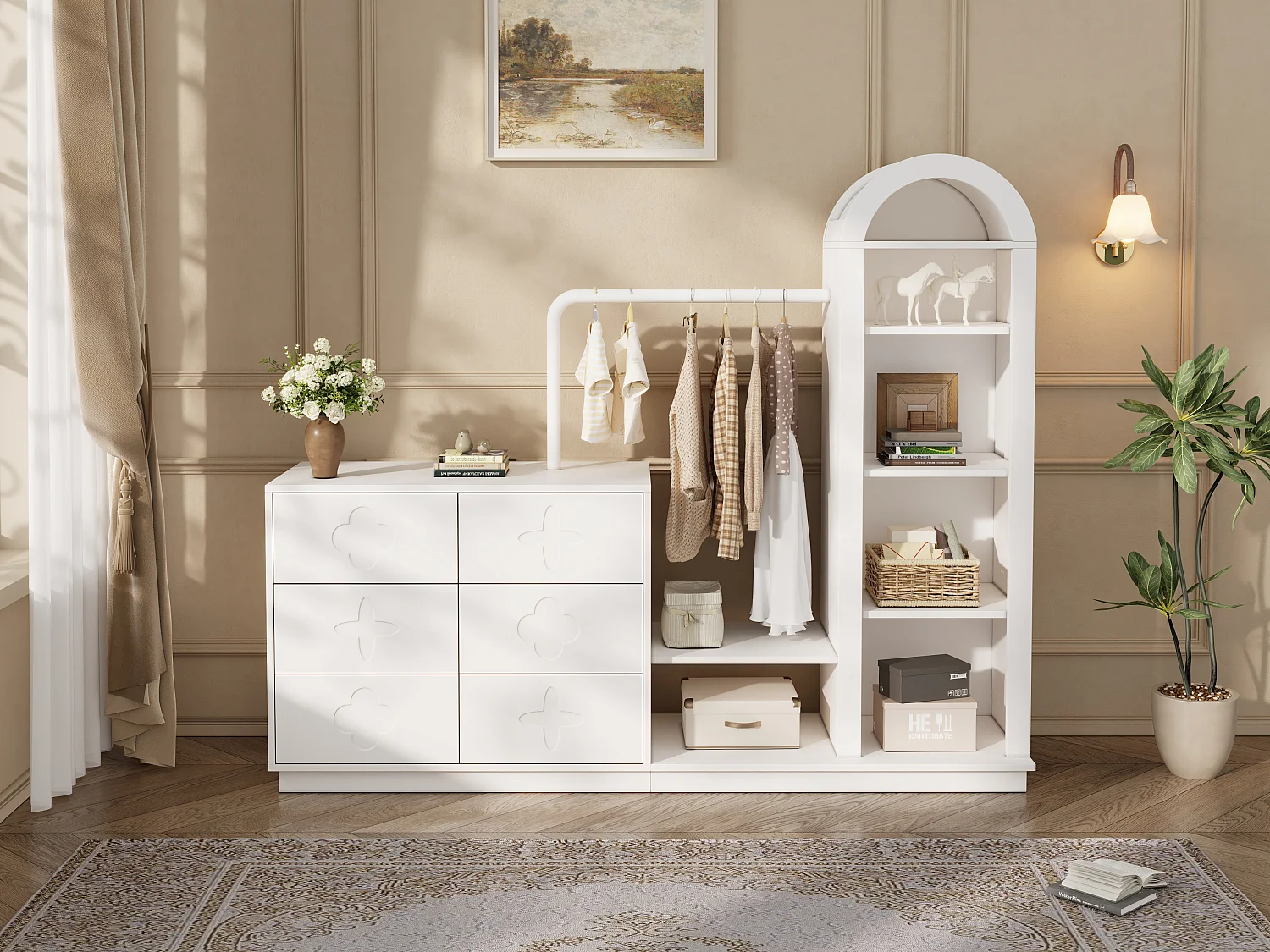 Inbouwkast voor de hal 160.5x40x134cm - met 6 lades - kleedruimte en open opbergvakken - Wit