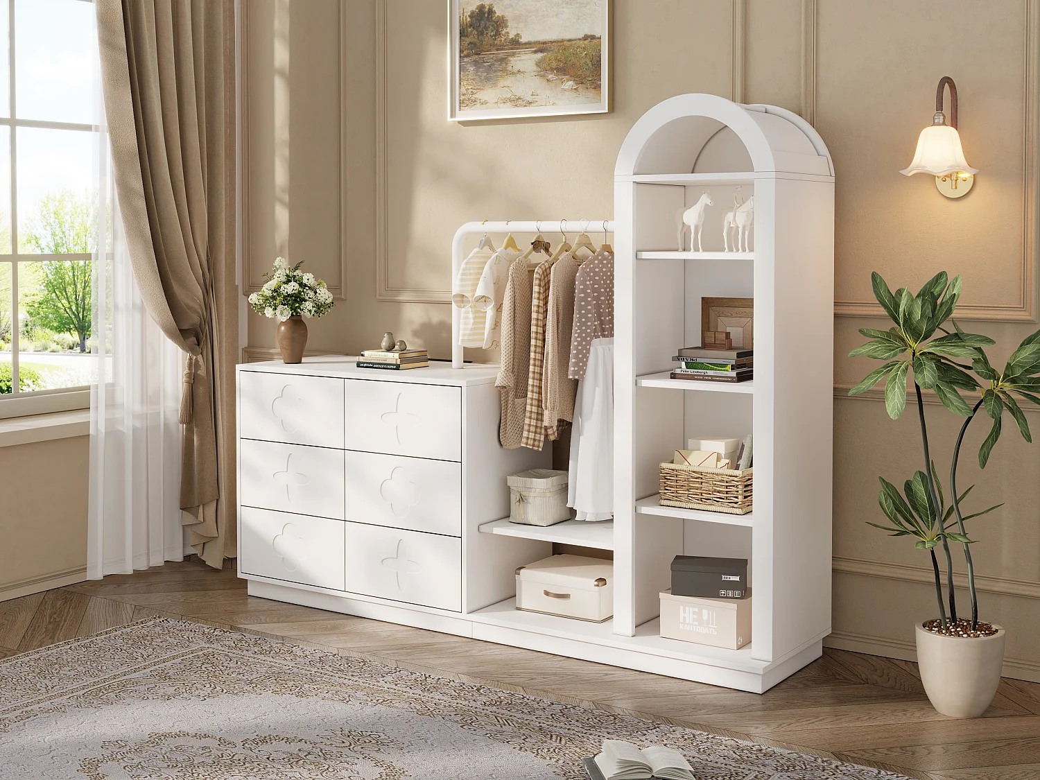 Inbouwkast voor de hal 160.5x40x134cm - met 6 lades - kleedruimte en open opbergvakken - Wit