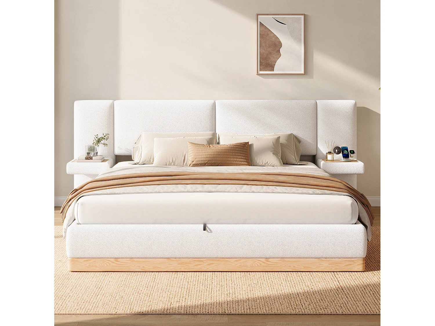 Łóżko kontynentalne tapicerowane 140x200 cm - Z półkami w zagłówku i portami USB - Tkanina Teddy + PU - Biały+naturalny (bez materaca)