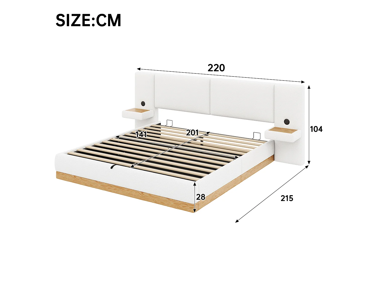 Łóżko kontynentalne tapicerowane 140x200 cm - Z półkami w zagłówku i portami USB - Tkanina Teddy + PU - Biały+naturalny (bez materaca)