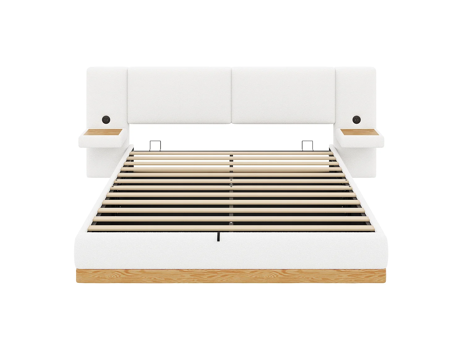 Łóżko kontynentalne tapicerowane 140x200 cm - Z półkami w zagłówku i portami USB - Tkanina Teddy + PU - Biały+naturalny (bez materaca)