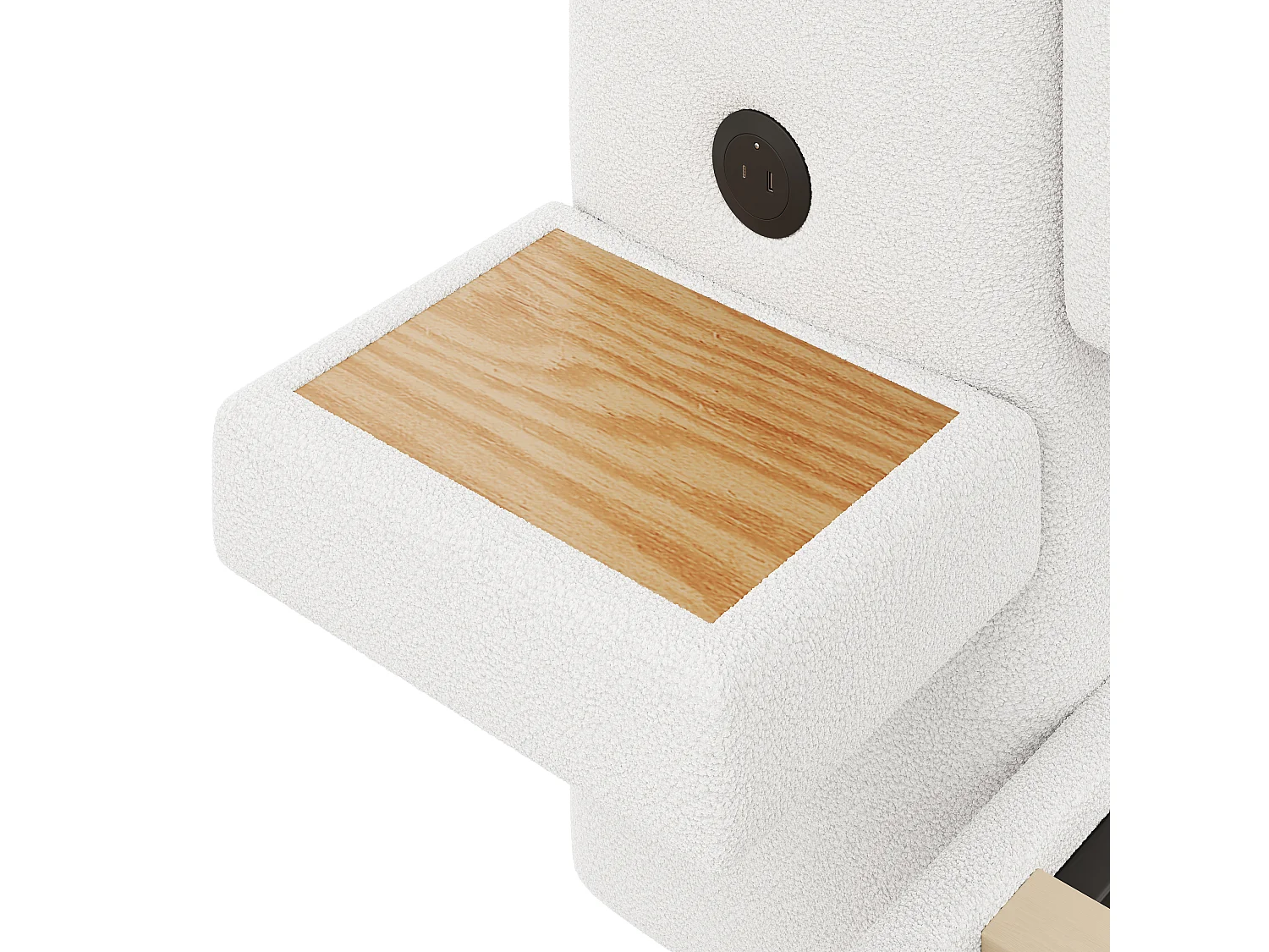 Łóżko kontynentalne tapicerowane 140x200 cm - Z półkami w zagłówku i portami USB - Tkanina Teddy + PU - Biały+naturalny (bez materaca)