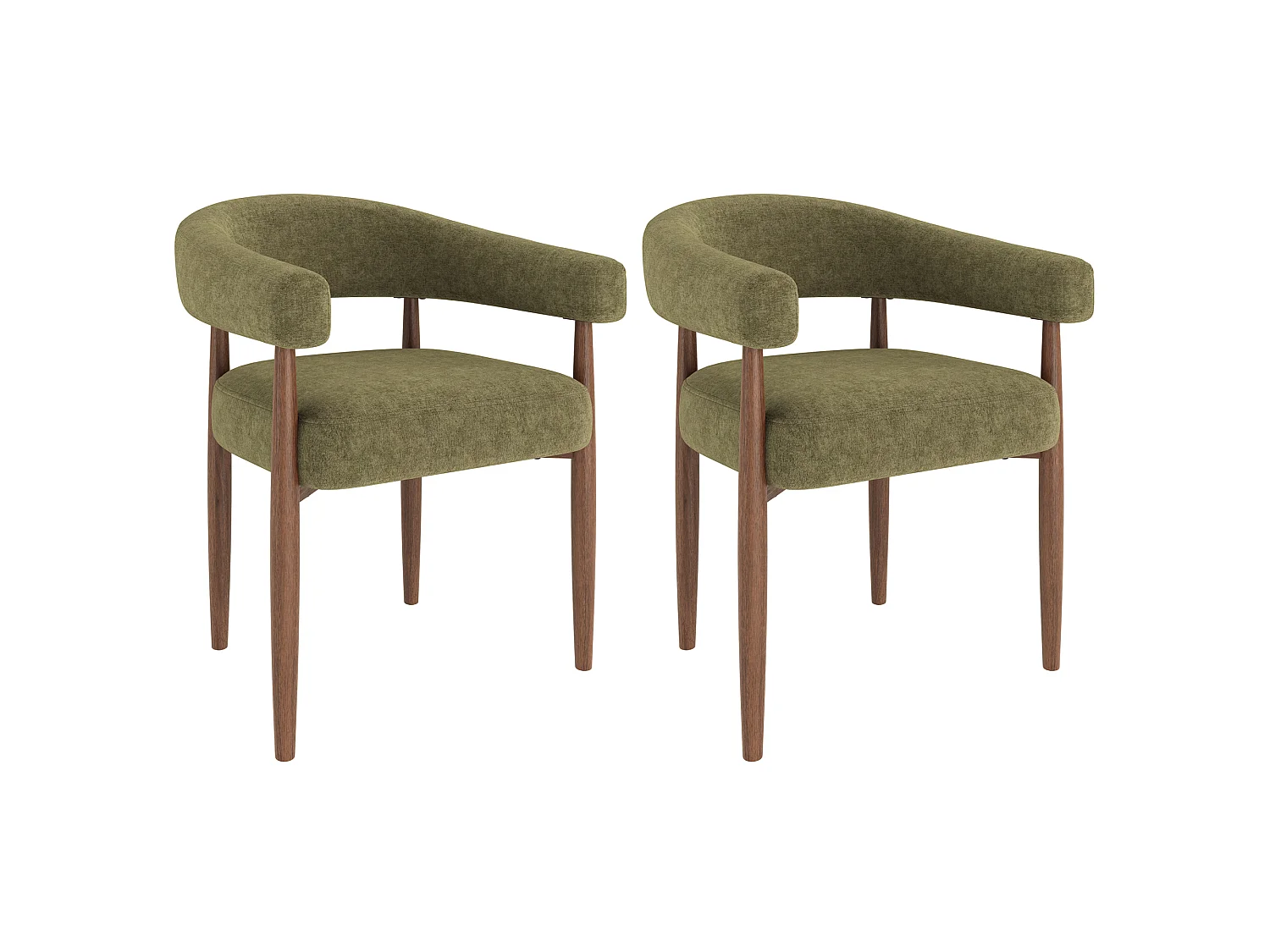 Set van 2 eetkamerstoelen van metaal - Chenille stof - Moderne stijl - Notenhouten afwerking - Bruin+Groen
