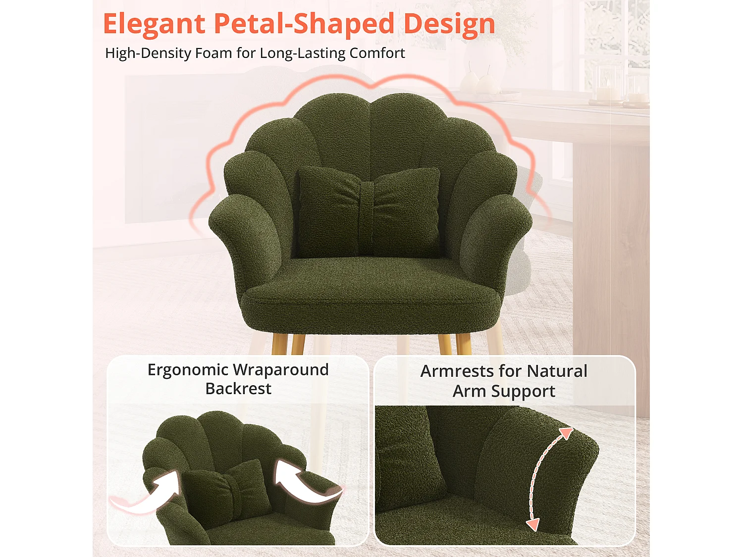 Silla de estilo moderno – asiento acolchado – patas de metal dorado – respaldo en forma de nudo – verde