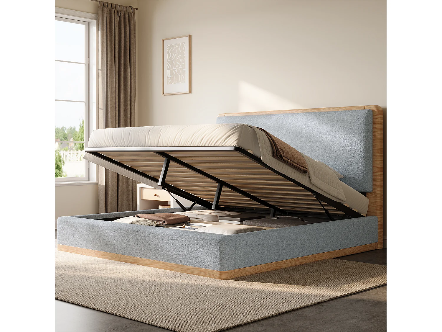 Gepolstertes Boxspringbett 140x200 cm - Stauraum - Gepolstertes Kopfteil und Lattenrost - MDF - Grau+Naturell (ohne Matratze)