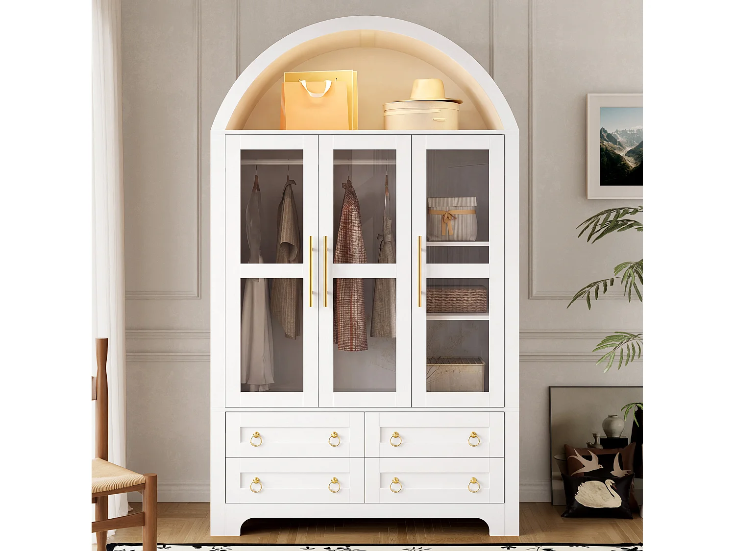 Armoire avec 3 portes vitrées et 4 tiroirs - éclairage LED, tringle et bandeau lumineux contrôlable via app - Blanc