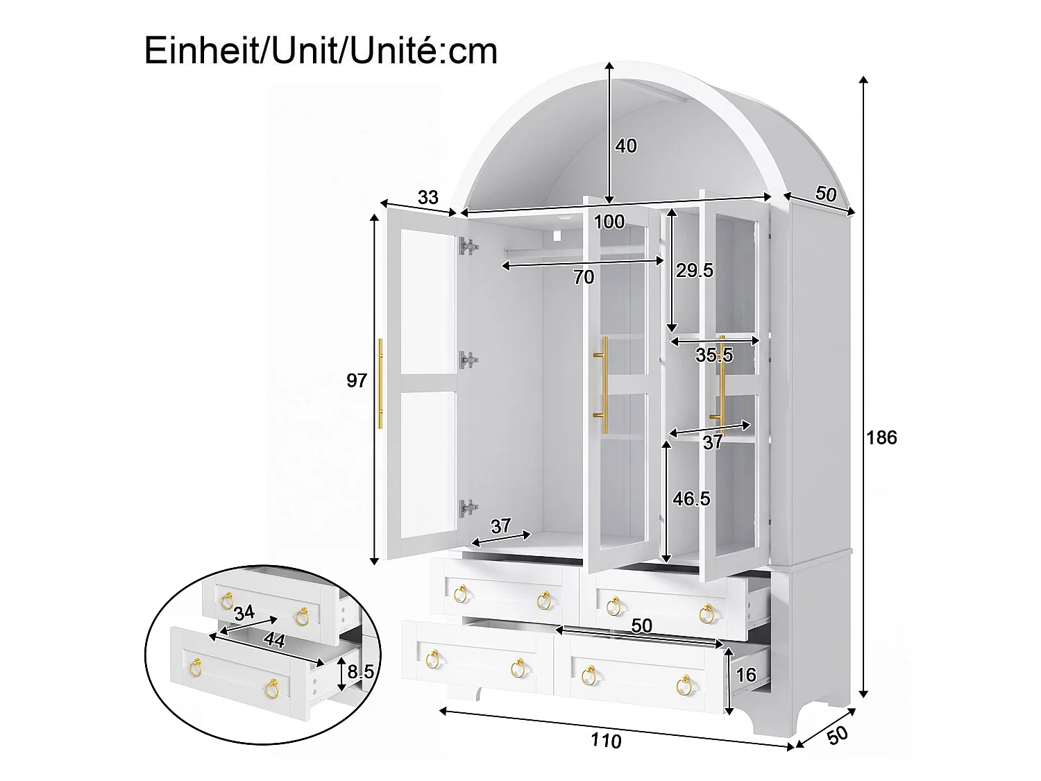 Armoire avec 3 portes vitrées et 4 tiroirs - éclairage LED, tringle et bandeau lumineux contrôlable via app - Blanc